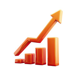 3D orange bar graph with an upward arrow symbolizing growth, success, and progress in business and finance.