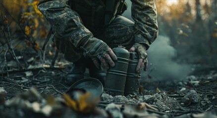 A soldier places an explosive mine with his hands in a shallow hole