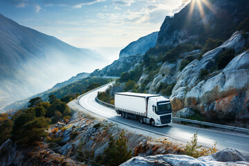 Photo of a white truck on the mountain road