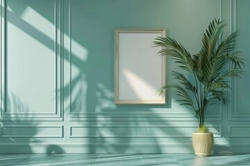 Wall Mural - Close-up layout of poster frame in empty interior, 3d visualization, Mint background