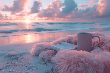 Wall Mural - A cup tea or coffee on sand beach in front of the sea professional photography