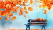 © Jenjira - Tranquil park scene with bench underneath vibrant orange autumn leaves, creating a serene and colorful fall atmosphere in nature.