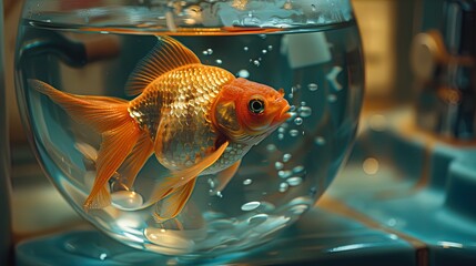 Single Goldfish Swimming in Round Glass Aquarium