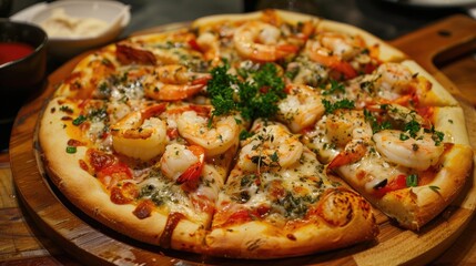 Wall Mural - Homemade seafood pizza on wooden platter with sauce sliced for convenience