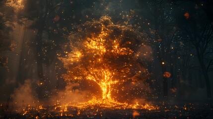 Wall Mural - fiery tree ablaze in mystical dark forest symbolizing life and destruction