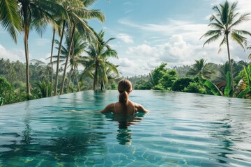 Canvas Print - Paradisiacal infinite pool summer tree outdoors.