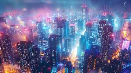 Wall Mural - Vibrant Futuristic City Skyline with Interconnected Skyscrapers and Flying Drones at Night