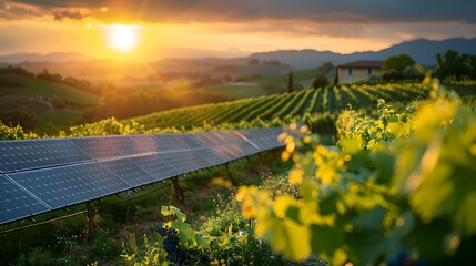 Canvas Print - Sustainable Solar Energy Blending with Picturesque Vineyard Landscape