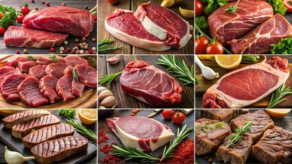 Wall Mural - Background: meat and steak. Set of different types of meat. Photo collage.