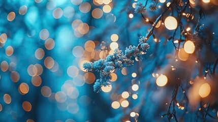 Wall Mural - A tree branch covered in snow and lights