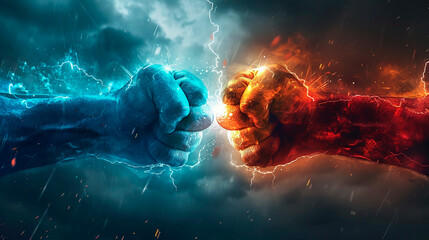 A conceptual image of two fists, one blue and one red, colliding with electricity and fire effects, symbolizing a clash or conflict of opposing forces.