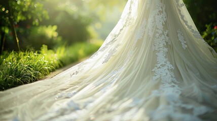 A close up view of an elegant bridal gown with intricate lace details gracefully trailing along a sunlit garden path