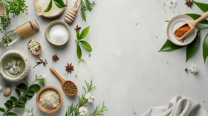 Wall Mural - Natural skincare ingredients on light background