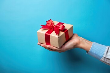 hand give red ribbon gift box. Reward and present