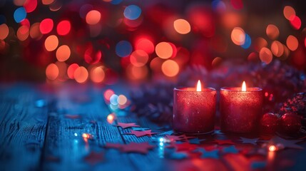 Wall Mural - Two candles are lit on a wooden table with a starry background