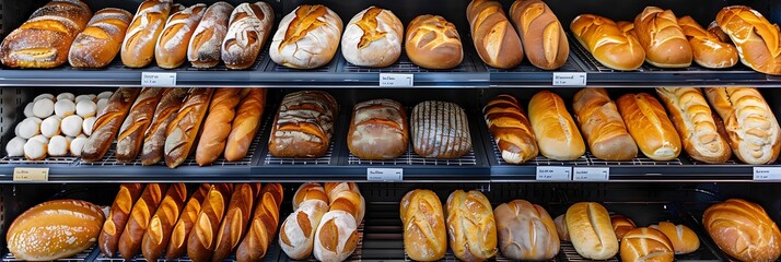 A colorful and inviting image showcasing a variety of breads, including baguettes, bagels, bread buns, and other fresh baked goods displayed on supermarket or bakery shelves.
