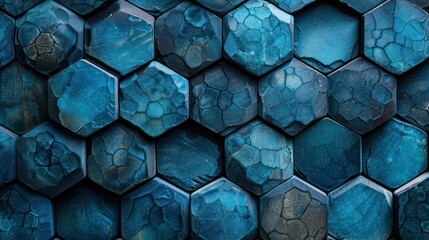 Wall Mural - A blue wall with hexagonal shapes and cracks