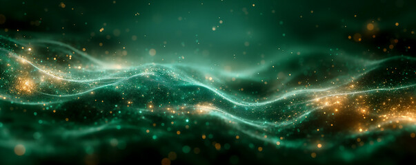 Wall Mural - Dark green and gold background with a digital space filled with glowing particles, stars and a flowing ribbon of light, creating an ethereal atmosphere.