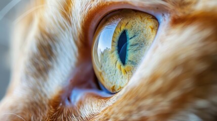 Close-up of Cat's Eye Reflecting Outdoors Detailed close-up of a cat's eye reflecting an outdoor scene, highlighting the intricate texture and color of the iris