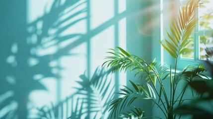 Wall Mural - A green plant is sitting in front of a window, casting a shadow on the wall