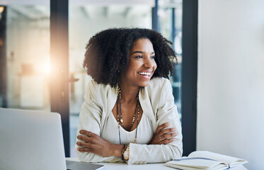 Aufkleber - Business, thinking and black woman with laptop, inspiration and online reading for choice, decision and lens flare. African person, startup and copywriting consultant with pc or problem solving