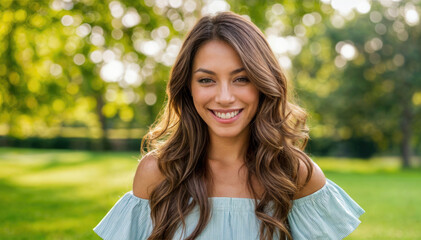 Smiling young woman with long brown hair in a park