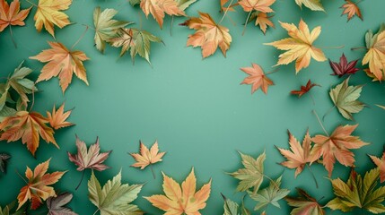 Wall Mural - The wallpaper features maple leaves arranged with space for letters, on a green background.