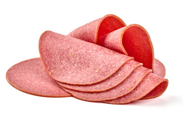 Wall Mural - Thin salami sausage slices, isolated on white background.