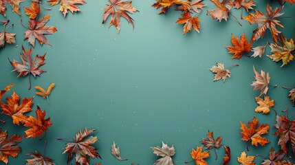 Wall Mural - The wallpaper features maple leaves arranged with space for letters, on a green background.