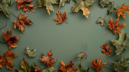Wall Mural - The wallpaper features maple leaves arranged with space for letters, on a green background.