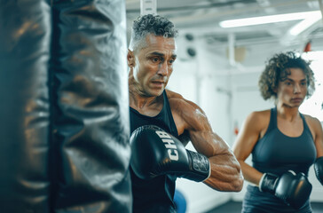 Sticker - Close-up of man and woman training boxing in gym, wearing focus-point gloves with target pad for composing moves to give brain ropey effects.