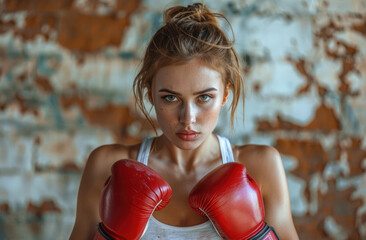 Wall Mural - an attractive woman in her early thirties practicing boxing with red gloves at the gym, white tank top and ponytail hair style