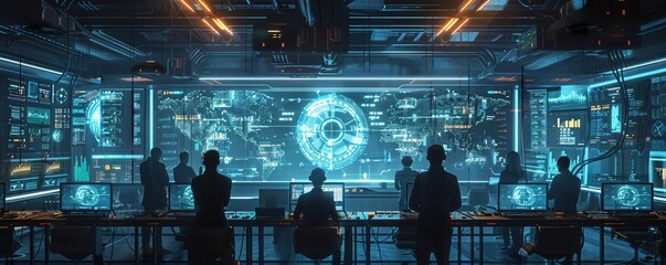 Poster - Futuristic cybersecurity command center with holographic displays, biometric access controls, and a team of experts monitoring network security