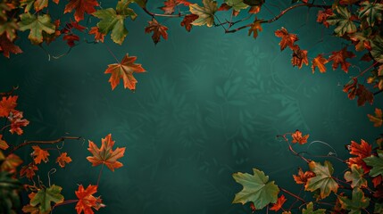 Wall Mural - The wallpaper features maple leaves arranged with space for letters, on a green background.