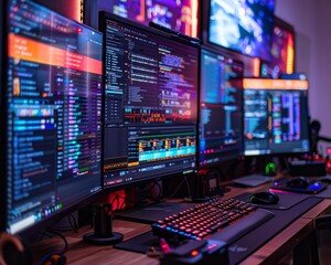 Hightech workstation with multiple monitors displaying advanced software development tools, code editors, and realtime debugging applications