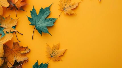 Wall Mural - The wallpaper features maple leaves arranged with space for letters, on a yellow background.