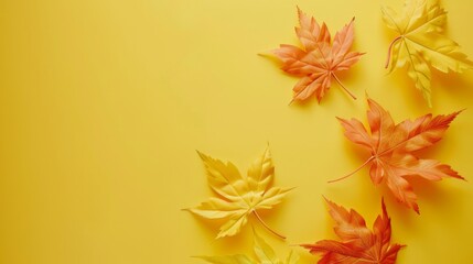 Wall Mural - The wallpaper features maple leaves arranged with space for letters, on a yellow background.