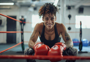 Sticker - an attractive black woman in her early thirties, smiling and posing on the ropes of a boxing ring with boxing gloves on both hands