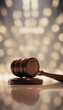 © ArtisticLens - Vertical close-up of a wooden judge gavel on a reflective surface side view symbolizing judicial aut