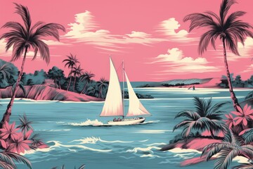 Canvas Print - Vintage Hawaiian sailboat sea watercraft painting.