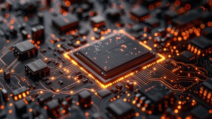 Wall Mural - A computer chip is lit up with orange lights