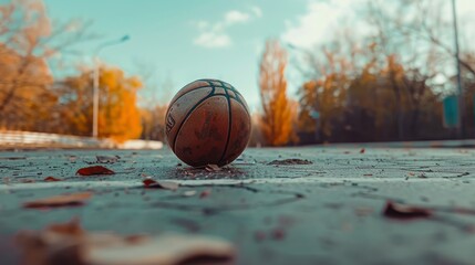 Wall Mural - A Single Basketball Sitting On The Court, High Quality Background