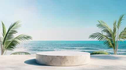 Wall Mural - Tropical beach with round concrete platform and palm trees. Copy space. Generative AI	
