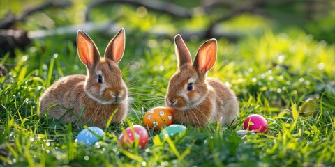 Sticker - Easter bunnies in the grass with colorful Easter eggs. Happy Easter!