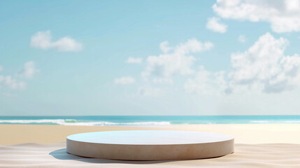 Wall Mural - Empty podium on a sandy beach with ocean waves and blue sky in the background. Copy space. Generative AI