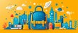 © Hryhor Denys - A colorful illustration of a blue school backpack with stars and a yellow buckle, situated in front of a cityscape with planets and stars in the background. Back to school.