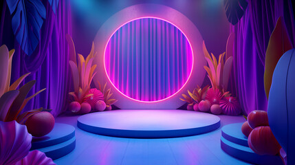 Wall Mural - Vibrant Neon Stage with Tropical Plants and Circular Neon Light. Copy space. Generative AI	