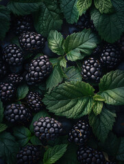 Wall Mural - Ripe blackberries hang in clusters among green leaves on a bramble bush