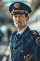 Wall Mural - Portrait of a Japanese pilot preparing for a flight in the airport terminal, high quality photo, photorealistic, confident expression, studio lighting