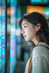 Wall Mural - Portrait of a Japanese traveler checking flight information on a digital screen, high detail, photorealistic, engaged mood, well-lit setting